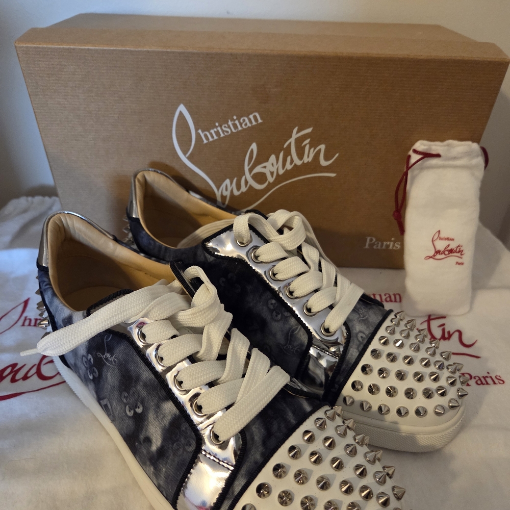 Christian Louboutin Metallic and Blue Spiked Sneakers
